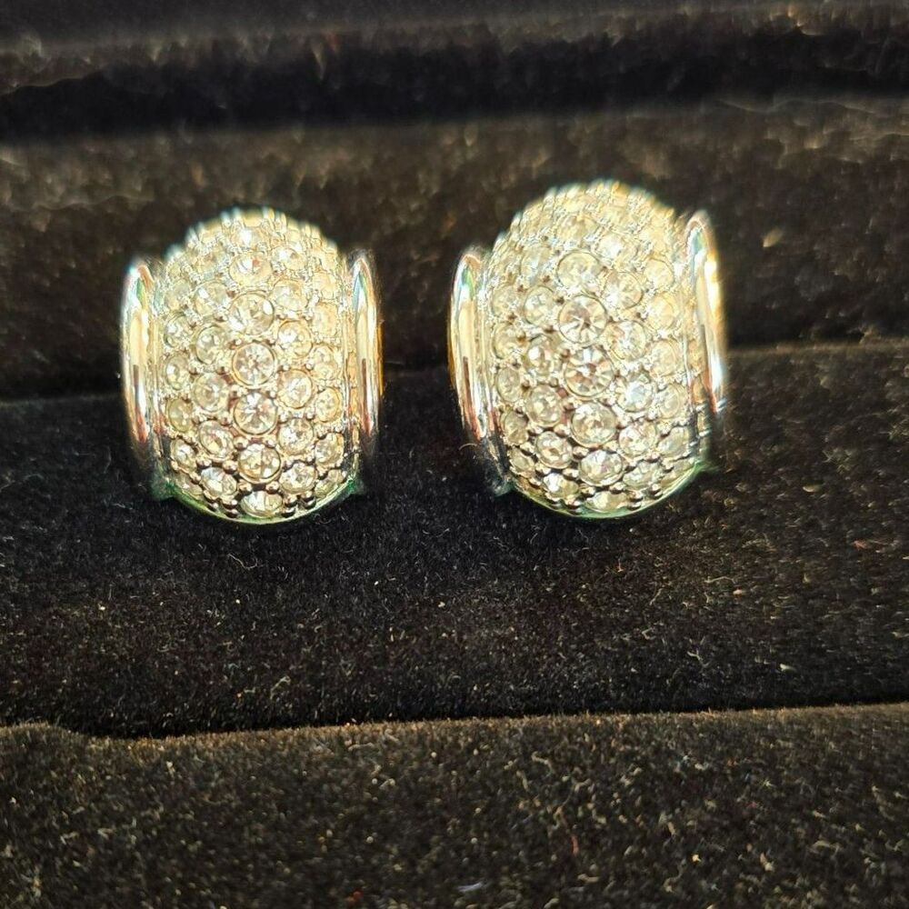 VTG Swarovski Pierced Earrings Crystal Half Hoop Dome Silver Tone